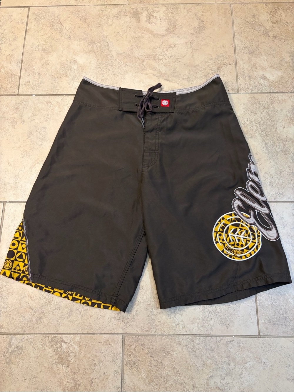 VTG Element Skateboards Board Shorts Mens [32] Black Yellow Geometric Y2K Swim